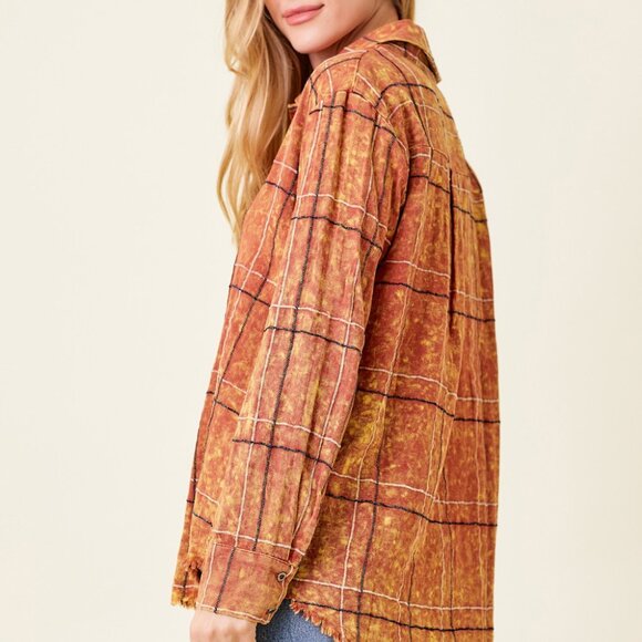 MYSTREE Rust Plaid Button Down Shirt, Distressed Hem Flannel Shirt - Picture 5 of 7